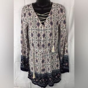 Rewind Cream and Blue Boho Long Sleeve Romper